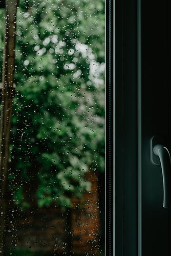 A window with raindrops blurring the view of green vegetation outside. HD phone wallpaper