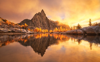 mountain lake, evening, sunset, mountain landscape, mountains, forest, spring, rocks HD wallpaper