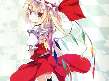 ~Flandre Scarlet~, wings, blonde, anime, touhou, red eyes, Flandre Scarlet, vampire, red dress HD wallpaper