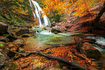 Forest waterfall, fall, beautiful, lvoely, serenity, leaves, waterfall, autumn, nature, forest, foliage, stream HD wallpaper
