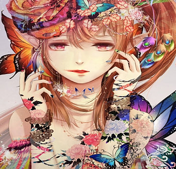 Butterflies, blue, colorful, black, cute, spring, long hair, beauty, lady, female, sweet, soft, girl, beautiful, orange, purple, anime girl, pink, anime, pretty, brown hair, lovely HD wallpaper
