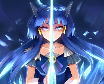 Cure Beauty, blue, pretty cure, cute, wweapon, long hair, aoki reika, 3d, cg, sparks, female, sexy, sword, hot, reika, blue hair, girl, magical girl, blade, anime girl, anime, fantasy, light, realistic HD wallpaper