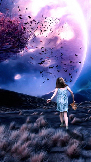 Fantasy World, leaf, moon, purple, little girl, fantasy, child HD phone wallpaper