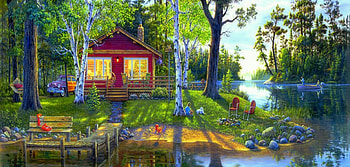 ★Picnic of Simpler Times★, boat, bench, fishing, attractions in dreams, pier, paintings, hammock, spring, panoramic view, love four seasons, cottages, family, trees, rivers, creative-premade, picnic HD wallpaper