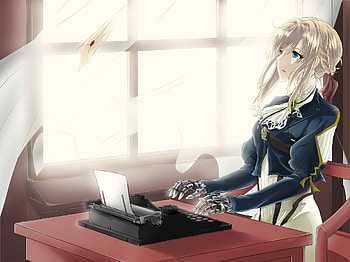 Violet Evergarden (Anime), Anime, Violet Evergarden, Blonde, Blue Eyes, Braid, Letter, Long Hair, Typewriter, Uniform, Violet Evergarden (Character) HD wallpaper
