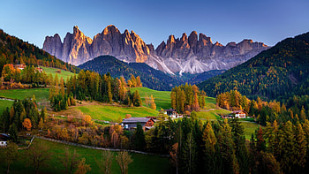 San Giovanni Church, Santa Maddalena, South Tyrol, Italy, leaves, dolomites, fall, trees, colors, sky, alps, village, autumn HD wallpaper