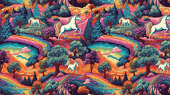 background of unicorns traveling on rainbows, unicorn, tree, rainbow HD wallpaper
