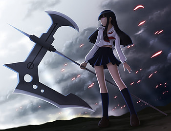 Chick with a big axe, weapon, red eyes, sky, black hair, long hair, axe, blade HD wallpaper