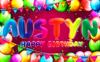 Happy Birtay Austyn, , colorful balloon frame, Austyn name, purple background, Austyn Happy Birtay, Austyn Birtay, popular american female names, Birtay concept, Austyn HD wallpaper