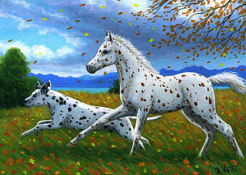 Fun Among the Leaves, dog, artwork, horse, season, painting, autumn HD wallpaper