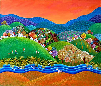 Village painting, colorful, abstract, painting, art, village HD wallpaper