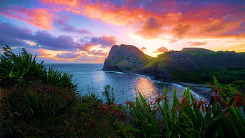 Beautiful Maui coast sunrise, island, hawaii, coast, clouds, trees, sky, rocks, usa, colors HD wallpaper