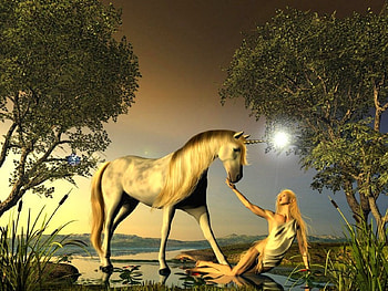 girl and unicorn, unicorn, trees, girl, horse HD wallpaper