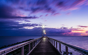 Nature, Sunset, Sea, Lilac, Clouds, Horizon, Pier HD wallpaper