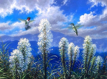 Mountain Flowers, blue, birds, attractions in dreams, paintings, summer, love four seasons, animals, hummingbirds, clouds, nature, flowers, sky, mountains HD wallpaper