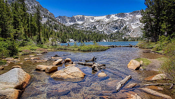 Crystal Lake, Mammoth Lakes, California, landscape, trees, sky, mountains, usa, stones HD wallpaper
