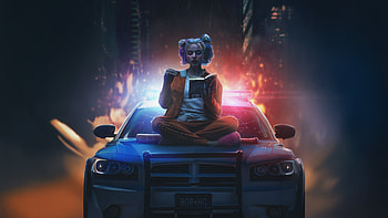 Harley Quinn On Police Car Bonnet Reading Newspaper, harley-quinn, supervillain, superheroes, artist, artwork, art, digital-art HD wallpaper
