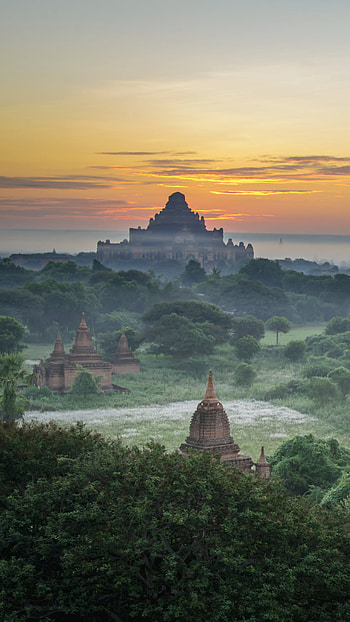 fog, landscape, religious, temple HD phone wallpaper