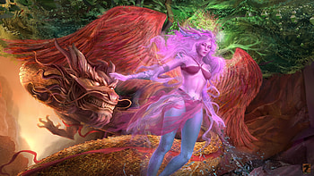 The awakening dragon, art, girl, orange, long ken, pink, fantasy, green, dragon, luminos HD wallpaper
