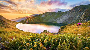 A Lake In The Rila Mountains, Bulgaria, wildflowers, landscapesky, hills, clouds, landscape, flowers, sunrise HD wallpaper