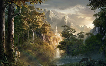 Fantasy, Mountains, Forest, Deer HD wallpaper
