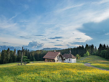 Charming Swiss countryside scene featuring a farmhouse and chapel amidst lush green fields and forests. HD wallpaper