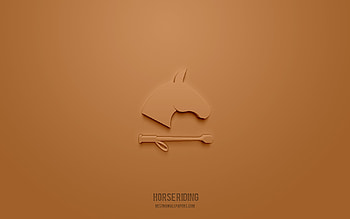 horse riding 3d icon, brown background, 3d symbols, horse riding, sport icons, 3d icons, horse riding sign, sport 3d icons HD wallpaper