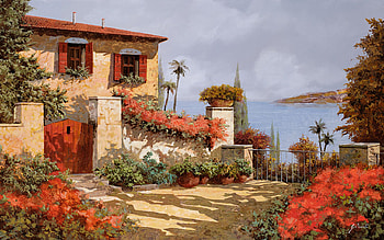 Il Giardino Rosso, painting, house, garden, flowers, italy, lake HD wallpaper