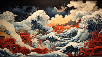Sunset Sea Japanese Painting, sunset, sea, wave, Japan, painting HD wallpaper