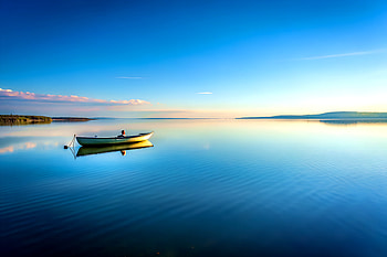 Tranquil Lake with a Blank Horizon and a Small Floating Alone, Reflecting the Serenity of the, water, calm, sea, nature, landscape HD wallpaper