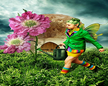 ELF ON DUTY, digital, plants, art, field, flowers, spring, elf, waterinbg HD wallpaper