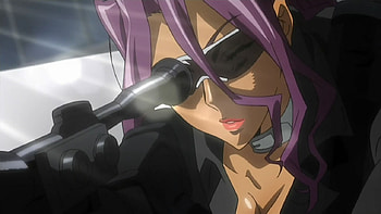 anime, dark galsses, purplr, person, gun HD wallpaper