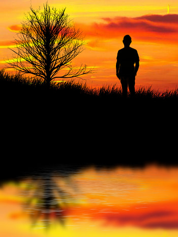 Under orange sky, After noon, Evening, Shadow, Reflection, Lake, Sun, Rise, Dawn, Reflect, Cloud, Person HD phone wallpaper