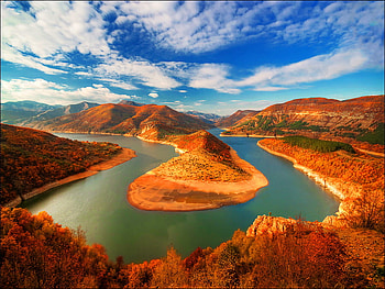 Beautiful land-shapes, island, shapes, land, lake, clouds, view, nature, sky, water HD wallpaper