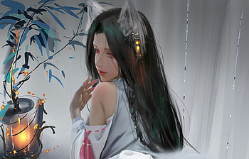 Ahri, white, art, shiwen liu, fantast, girl, luminos, fox HD wallpaper