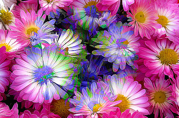 Flowers, blue, pink, white, painting, art, pictura, flower, luminos HD wallpaper