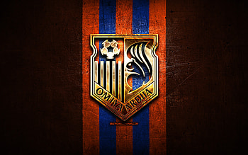 Omiya Ardija FC, golden logo, J2 League, orange metal background, football, japanese football club, Omiya Ardija logo, Omiya Ardija HD wallpaper