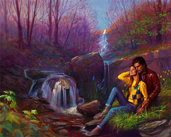 Summer love, date, hugs, love date, painting, passion, water, man, fall, romance, lovers, woman, love, waterfall, nature, sky, romantic, forest, stream HD wallpaper