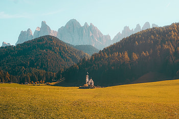 Nature, Mountains, Building, Forest, Fog, Lawn HD wallpaper