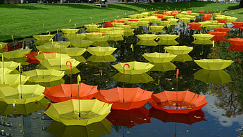 FLOATING UMBRELLAS, ART, YELLOW, UMBRELLA, FLOATING, RED HD wallpaper