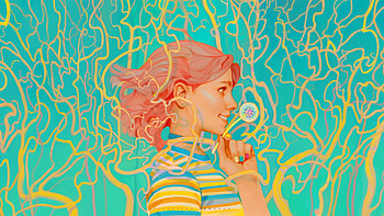 Make a wish, blue, colorful, frumusete, dandelion, gorgeous, girl, orange, tincek marincek, summer, fantasy, green, yellow, luminos, valentina remenar, vara HD wallpaper