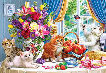 Fluffy Kittens in the Living Room, table, flowers, painting, window HD wallpaper