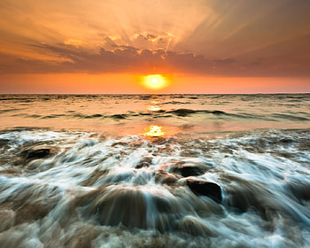 Sea Sunset, sea, beautiful, stones, beach, waves, clouds, view, nature, sky, sun, sunset HD wallpaper