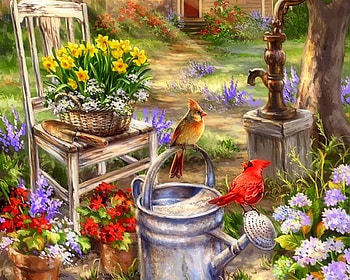 Summertime Cardinals, birds, colors, paintings, lovers, summer, love four seasons, animals, couple, nature, flowers, cardinals HD wallpaper