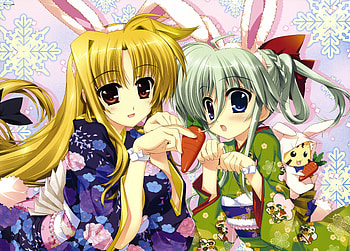 Fate Testarossa & Einhart Stratos, carrot, kimono, einhart stratos, ribbon, long hair, fate testarossa, bunny, ponytail, anime, ears, bow, rabbit HD wallpaper