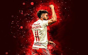 Yuri Alberto, back view, Internacional FC, soccer, brazilian footballers, Yuri Alberto Monteiro da Silva, Brazilian Serie A, football, red neon lights, Yuri Alberto HD wallpaper