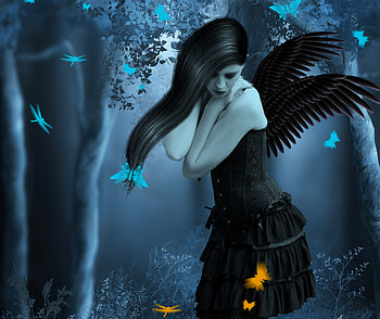 ✫Guardian's of the Night✫, plants, colors, digital art, dragonflies, dress, butterflies, butterfly, animals, trees, female, wings, model, beautiful, grass, dark, fantasy, pretty, manipulation, cool, girls, flowers, women, lovely, hair HD wallpaper