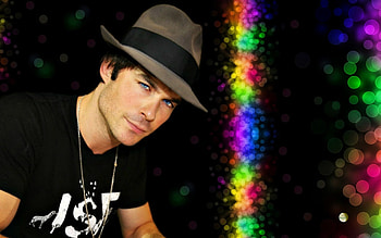 Ian Somerhalder, bokeh, by cehenot, black, blue eyes, man, tv series, rainbow, actor, vampire diaries, hat HD wallpaper