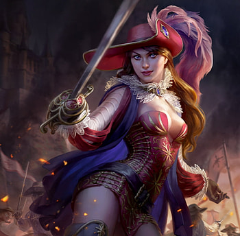 Lenaelle, luminos, girl, musketeer, hat, loc, frumusete, sword, anna steinbauer, fantasy, red, lol HD wallpaper