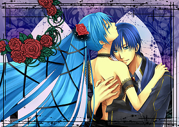 Miku & Kaito, sexy, blue eyes, hatsune miku, cute, ribbons, blue hair, kaito, romance, vocaloid, long hair, rose, anime, love, twintails, couple, short hair HD wallpaper